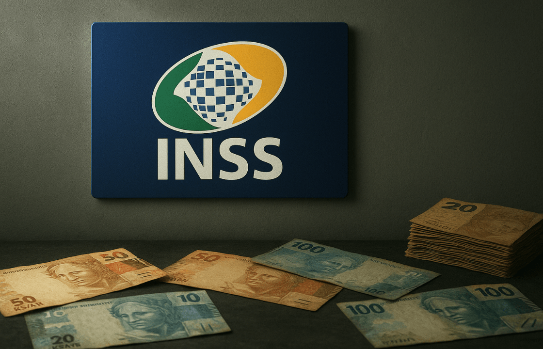 Logotipo do INSS com cédulas de real brasileiro em um fundo neutro, simbolizando benefícios previdenciários.