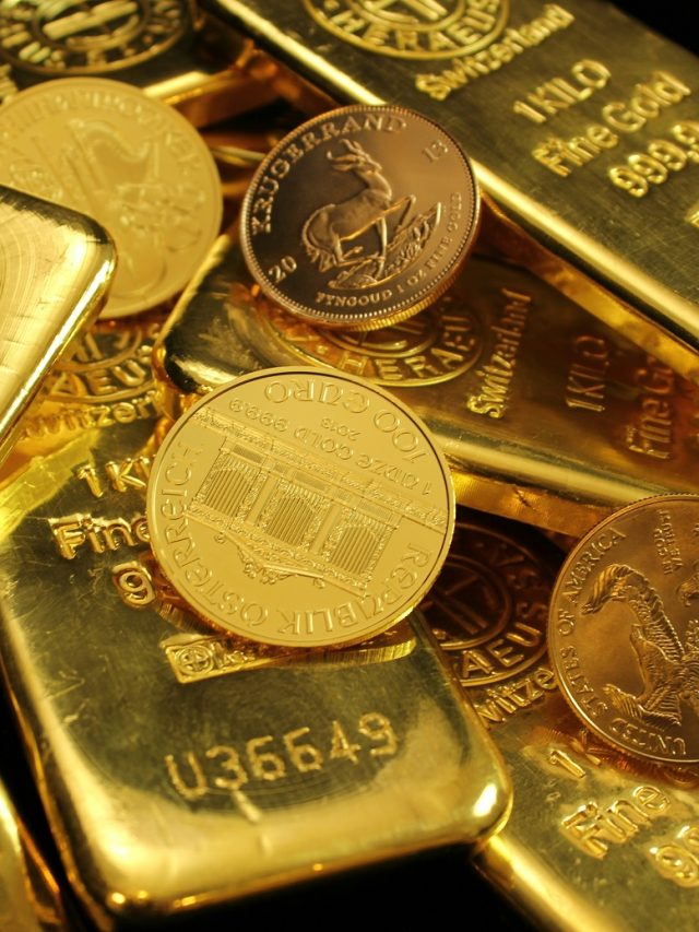 Barras e moedas de ouro brilhando, destacando riqueza e investimento seguro. Ideal para temas sobre finanças e economia.