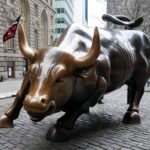 Estátua do Charging Bull em Wall Street, simbolizando força e prosperidade no distrito financeiro de Nova York.