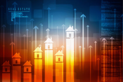 Gráfico imobiliário com casas estilizadas e setas ascendentes, simbolizando valorização do mercado de imóveis.