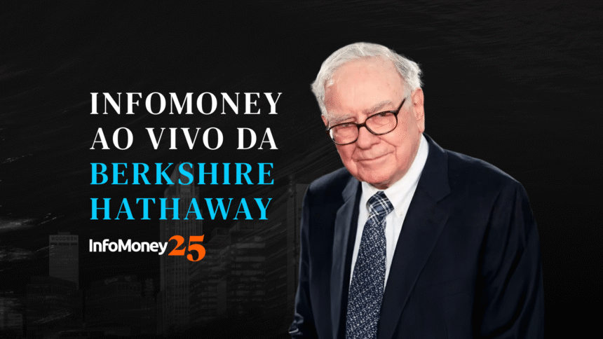 Homem de óculos e terno escuro aparece ao lado de texto sobre transmissão ao vivo da Berkshire Hathaway no InfoMoney.
