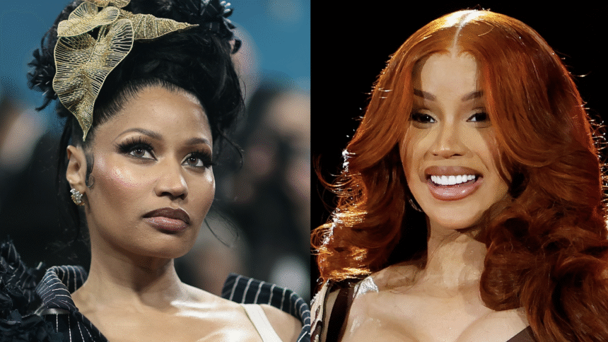 (L) Nicki Minaj attends the 2025 Met Gala Celebrating "Superfine: Tailoring Black Style" at Metropolitan Museum of Art on May 05, 2025 in New York City. (R) Cardi B performs during the 2025 Global Citizen Festival at Central Park