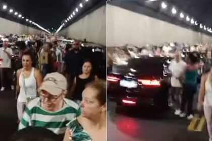 Carro pega fogo no Túnel Rebouças; motoristas e passageiros deixam via a pé