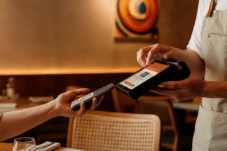 Pessoa faz pagamento por aproximação em restaurante, aproximando o celular de uma maquininha de cartão segurada por um garçom.