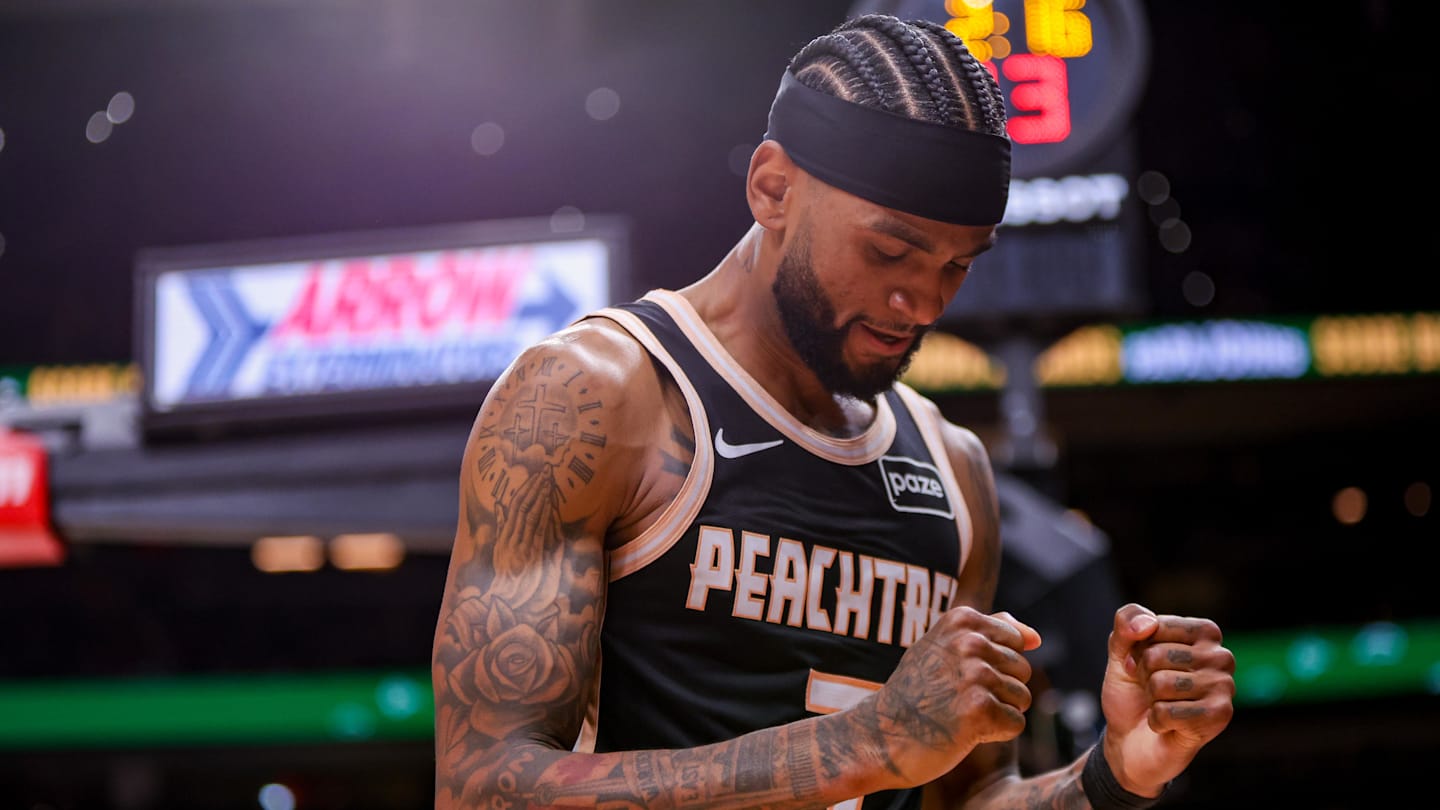 Atlanta Hawks guard Nickeil Alexander-Walker reacts after a basket against the Detroit Pistons in the fourth quarter at State Farm Arena
