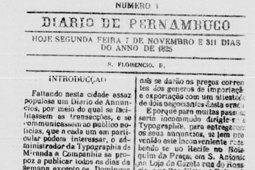 Cabeçalho do jornal Diario de Pernambuco com data de segunda-feira, 7 de novembro de 1825, seguido de texto em português antigo com introdução e informações sobre preços e anúncios.