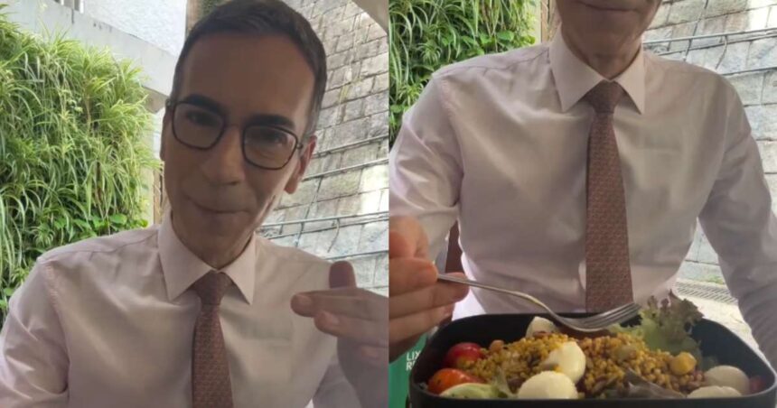 César Tralli mostra marmita nos bastidores da Globo e a web não perdoa: 'Só tem ovo'