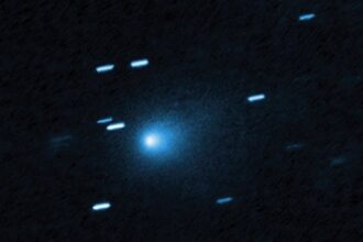 Hubble captured this image of the interstellar comet 3I/ATLAS on July 21, 2025, when the comet was 277 million miles from Earth. Hubble shows that the comet has a teardrop-shaped cocoon of dust coming off its solid, icy nucleus.
