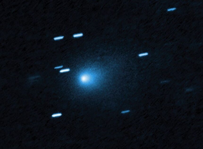 Hubble captured this image of the interstellar comet 3I/ATLAS on July 21, 2025, when the comet was 277 million miles from Earth. Hubble shows that the comet has a teardrop-shaped cocoon of dust coming off its solid, icy nucleus.