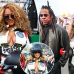 Beyoncé arrives at F1 in form-fitting racing gear