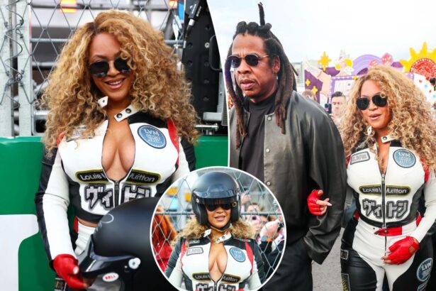 Beyoncé arrives at F1 in form-fitting racing gear