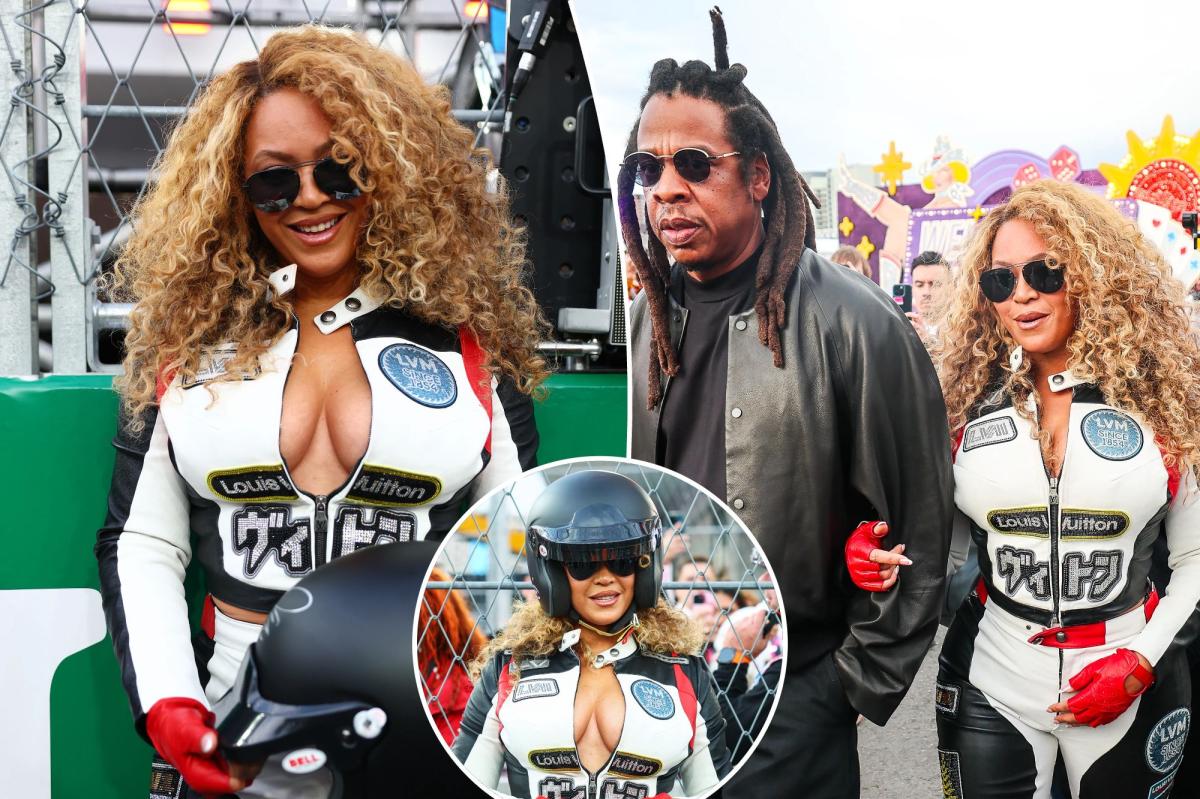 Beyoncé arrives at F1 in form-fitting racing gear
