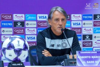 Al Sadd coach Roberto Mancini speaks during a press conference.