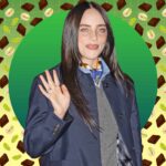 Receita de chocolate de Billie Eilish em Dubai é deliciosa Billie Eilish waving in front of a graphic background with chocolate and pistachio illustrations