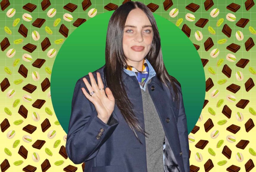 Receita de chocolate de Billie Eilish em Dubai é deliciosa Billie Eilish waving in front of a graphic background with chocolate and pistachio illustrations