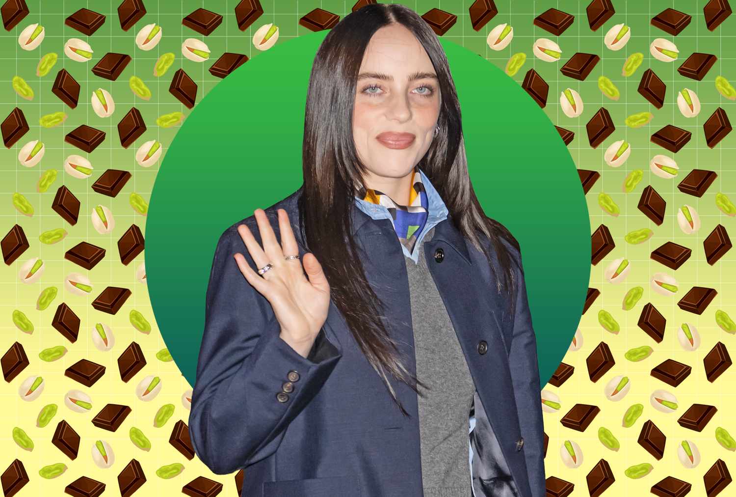 Receita de chocolate de Billie Eilish em Dubai é deliciosa Billie Eilish waving in front of a graphic background with chocolate and pistachio illustrations