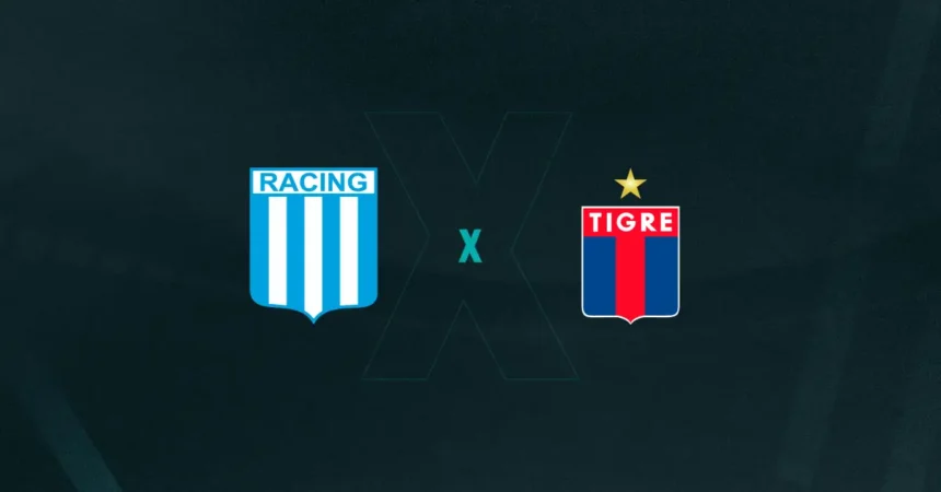 Escudos de Racing x Tigre, que se enfrentam pelo Campeonato Argentino