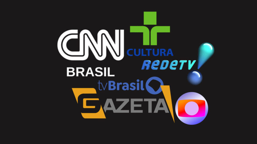 Montagem com os logos da CNN Brasil, TV Gazeta, RedeTV!, Globo, TV Cultura e TV Brasil