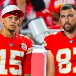 Patrick Mahomes #15 of the Kansas City Chiefs and Travis Kelce #87 of the Kansas City Chiefs