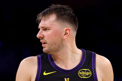 LOS ANGELES, CALIFORNIA - JANUARY 02: Luka Doncic #77 of the Los Angeles Lakers reacts after a play during the first quarter against the Memphis Grizzlies at Crypto.com Arena on January 02, 2026 in Los Angeles, California. NOTE TO USER: User expressly acknowledges and agrees that, by downloading and or using this photograph, User is consenting to the terms and conditions of the Getty Images License Agreement. (Photo by Katelyn Mulcahy/Getty Images)